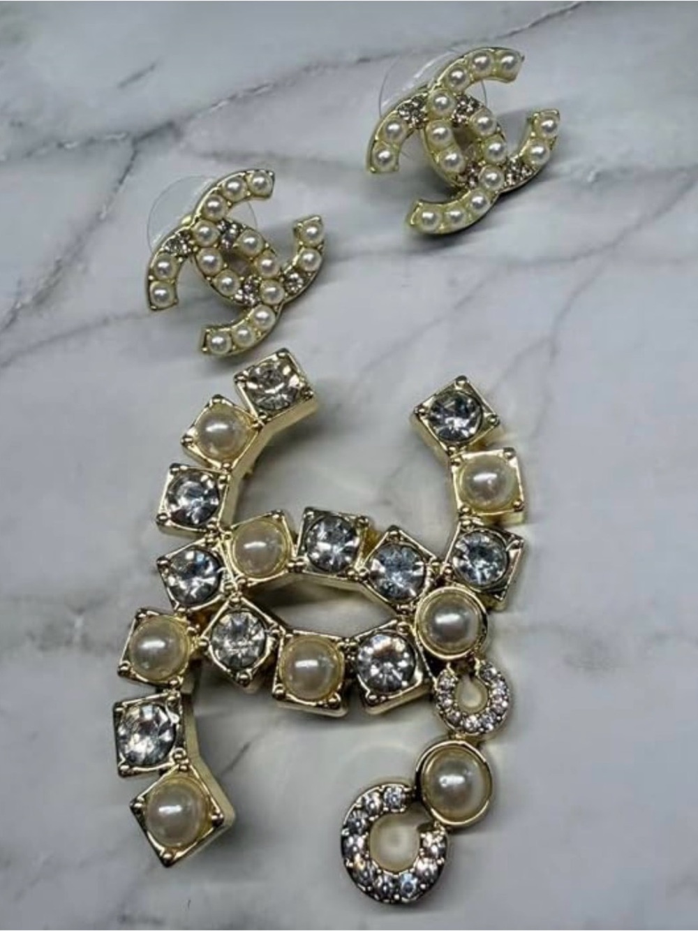 Gold-Tone Pearl & Clear Crystal Logo Brooch and Earrings Set
